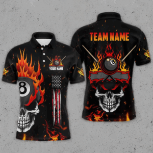Personalized Fire Flame Skull American Flag Billiard Shirts For Men, 8 Ball Pool Billiard Jerseys TDM3340