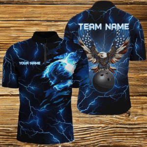 Blue lightning thunder bowling American flag Eagle custom Men Bowling Quarter Zip Shirts, team jerseys NQS7489