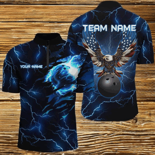 Blue lightning thunder bowling American flag Eagle custom Men Bowling Quarter Zip Shirts, team jerseys NQS7489