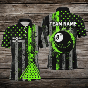 Custom Green Grunge US Flag Patriotic Men Billiard Shirts, Retro 8 Ball Pool Billiard Team Jersey TDM2751