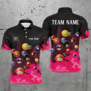 Pink 3D Billiard Balls Fire Flame Custom Billiard Shirts For Men, Billiard League Pool Team Jersey TDM3330