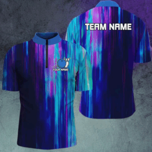 Blue And Purple Custom Bowling Quarter Zip Shirts For Men, Galaxy Bowling Team Shirts IPHW6793