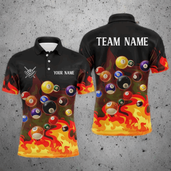 Orange 3D Billiard Balls Fire Flame Custom Billiard Shirts For Men, Billiard League Team Jerseys TDM3329