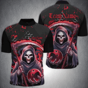 Red And Black Custom Grim Reaper Bowling Quarter Zip Shirts For Men, Halloween Skull Bowling Shirt IPHW6781