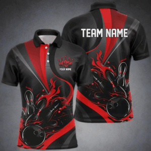Red And Black Flame Bowling Team Shirts, Strike Bowling Short Sleeve Polo Shirts For Men IPHW6755