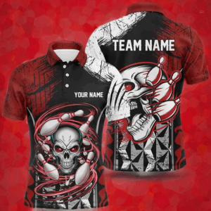 Red And Black Custom Skull Bowling Shirts, Short Sleeve Bowling Polo Shirts For Men Bowling Uniform IPHW6750