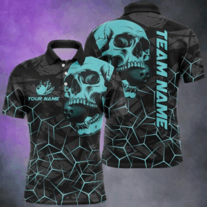 Black Skull camo bowling shirt for men custom bowling team jerseys, gifts for bowlers | Turquoise NQS7567