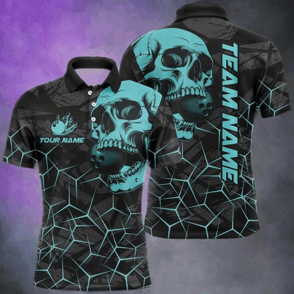 Black Skull camo bowling shirt for men custom bowling team jerseys, gifts for bowlers | Turquoise NQS7567