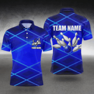 Mens bowling polo, 1/4 zip shirt Custom neon blue bowling team league jerseys, gifts for bowlers NQS7540