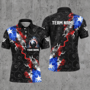 Personalize US Flag Smoke 8 Ball Billiard Men Polo, 1/4 Zip Shirt Custom Patriotic Billiard Jersey TDM3293