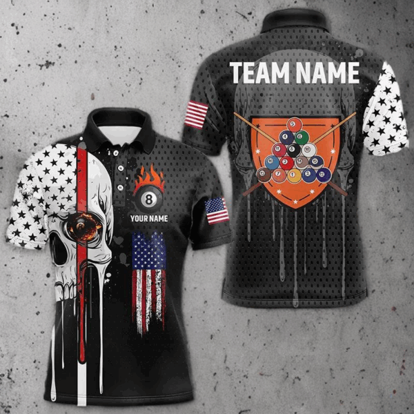 Personalized Grunge Skull Melting American Flag Billiard Shirt For Men Patriotic US Billiard Jersey TDM3292