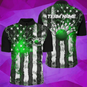 Green Thunder Lightning American Flag Custom Unisex Bowling Team Shirts, Patriotic Bowlers Outfit IPHW6491