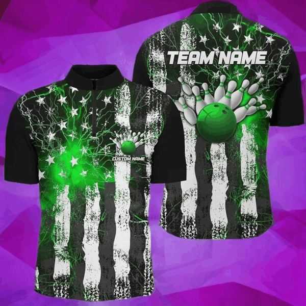 Green Thunder Lightning American Flag Custom Unisex Bowling Team Shirts, Patriotic Bowlers Outfit IPHW6491