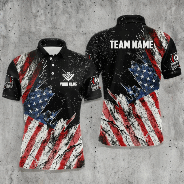 Personalized Grunge Retro American Flag Men Billiard Shirts Custom Patriotic US Billiard Jerseys TDM3291