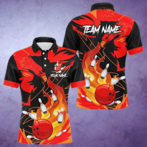 Eagle flame bowling ball and pins custom Men Bowling Polo Shirts, team bowling jerseys | Red NQS7514