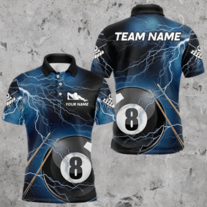 Black And Blue Thunder Lightning Custom 8 Ball Pool Billiard Shirts For Men, Billiard Pool Jerseys TDM3280