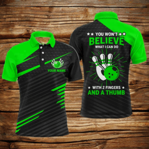 Funny Bowling Polo Shirt for Men, Green & Black Custom Bowling Jersey, 2 Fingers and A Thumb NBP169