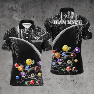 Personalized Black White Grunge Lightning Billiard Shirts For Men, 3D Pool Ball Billiard Jerseys TDM3278