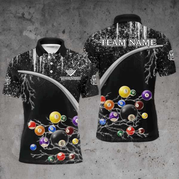 Personalized Black White Grunge Lightning Billiard Shirts For Men, 3D Pool Ball Billiard Jerseys TDM3278