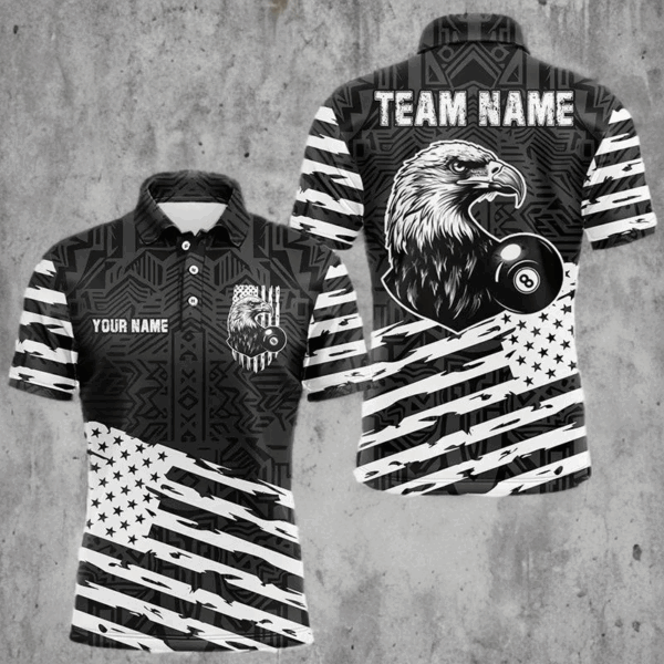 Personalized Black White US Flag Eagle Billiard Shirt For Men Custom Patriotic Billiard Pool Jersey TDM3273