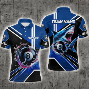 Blue 8 Ball Pool Billiard Shark Polo & Quarter Zip Men Billiard Shirt Custom Shark Billiard Jersey TDM3272