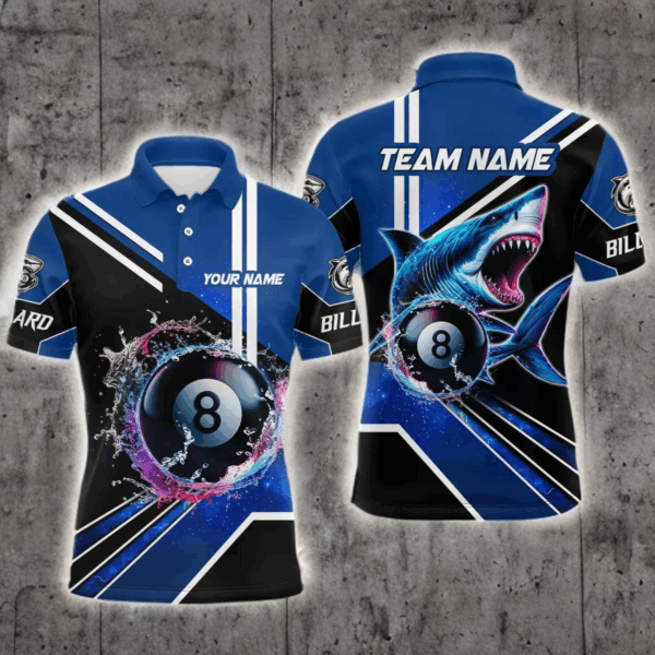 Blue 8 Ball Pool Billiard Shark Polo & Quarter Zip Men Billiard Shirt Custom Shark Billiard Jersey TDM3272