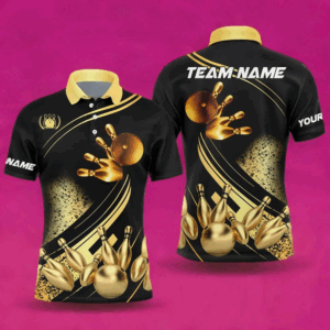 Black and Gold Mens Bowling polo shirts custom bowling apparel team bowling jerseys, bowling gifts NQS7222