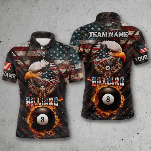 American Flag 8 Ball Pool Fire Custom Eagle Billiard Shirts For Men, Patriotic Billiard Team Jersey TDM3262