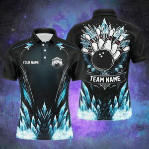 Icy Blue Light Mens polo bowling shirts Custom black team bowling jerseys for men, gifts for bowlers NQS7212
