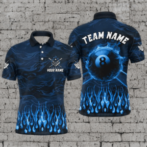 Personalized Blue Flaming 8 Ball Pool Cue Fire Billiard Shirts For Men Team League Billiard Jersey TDM3255