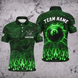 Personalized Green Flaming 8 Ball Pool Fire Billiard Shirts For Men Team League Billiard Jersey TDM3254