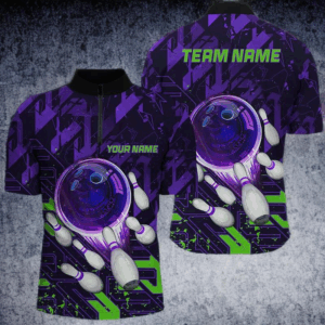 Men bowling Quarter Zip shirts Custom purple green abstract Bowling Team league Jerseys, bowling gifts NQS7102