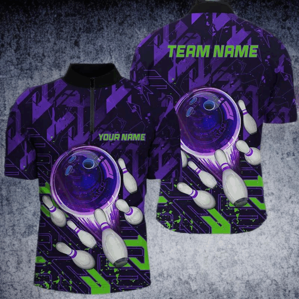 Men bowling Quarter Zip shirts Custom purple green abstract Bowling Team league Jerseys, bowling gifts NQS7102