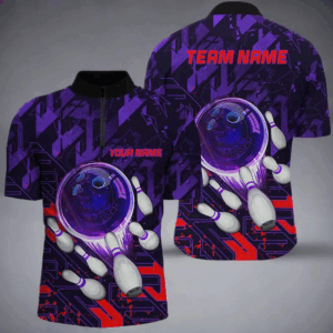 Men bowling Quarter Zip shirts Custom purple red abstract Bowling Team league Jerseys, bowling gifts NQS7101