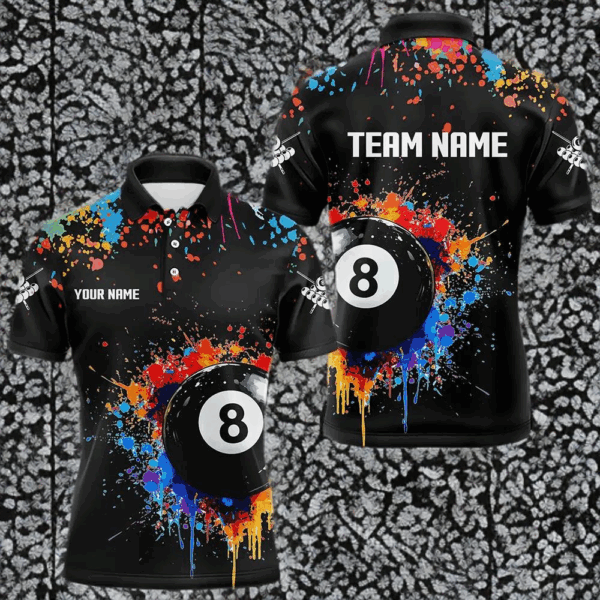 Funny 8 Ball Pool Colorful Paint Splash Custom Billiard Shirt For Men, Billiard Team Jersey | Black TDM3377