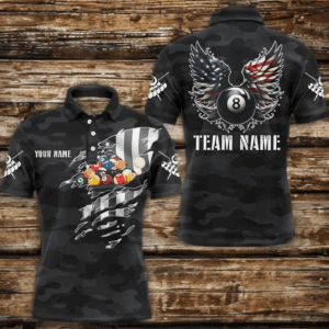 Personalized Camouflage US Flag Billiard Balls Shirts For Men, Funny Billiard 8 Ball Wings Jerseys VHM1197