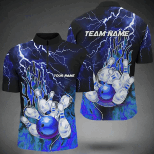 Men Bowling Quarter Zip Shirt Custom blue lightning thunder Bowling Team Jersey, gift for Bowlers NQS7078