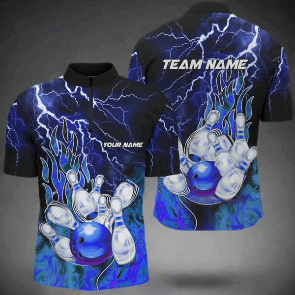 Men Bowling Quarter Zip Shirt Custom blue lightning thunder Bowling Team Jersey, gift for Bowlers NQS7078