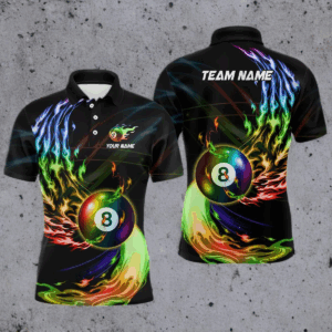Personalized 8 Ball Pool Rainbow Fire Flame Billiard Shirts For Men, Colorful Billiard Jerseys TDM3240