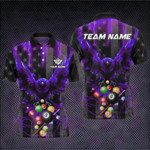 Purple American Flag Thunder Lightning Eagle Billiard Shirt For Men, 3D Pool Balls Billiard Jerseys TDM3239