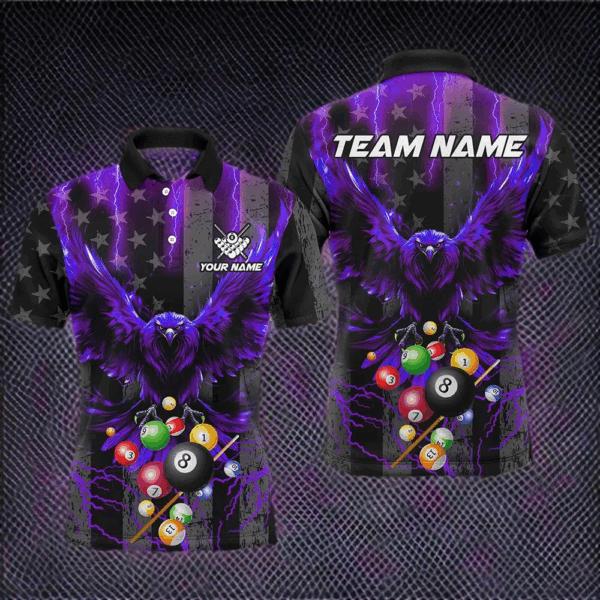 Purple American Flag Thunder Lightning Eagle Billiard Shirt For Men, 3D Pool Balls Billiard Jerseys TDM3239