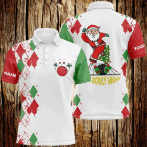Bowling polo shirts for men custom name funny Santa white Christmas bowling shirts oh bowly night NQS6883