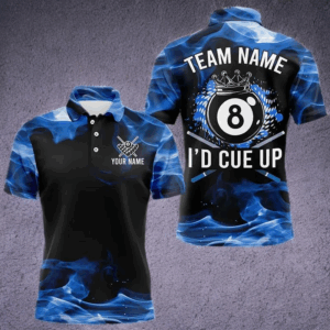 I'D Cue Up 8 Ball Pool Crown Blue Flaming Custom Billiard Shirts For Men, Funny Billiard Jerseys TDM3233