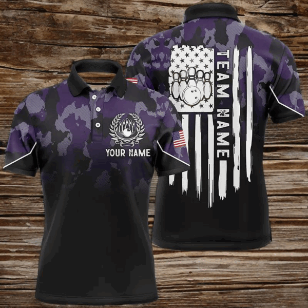 Black purple camo Mens polo bowling shirts Custom American flag patriotic bowling team league jerseys NQS6658