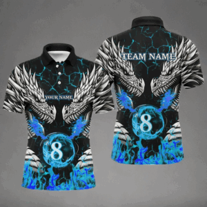 Personalized Twin Dragons Blue Flaming 8 Ball Pool Men Billiard Shirt Team League Billiard Jerseys TDM3231
