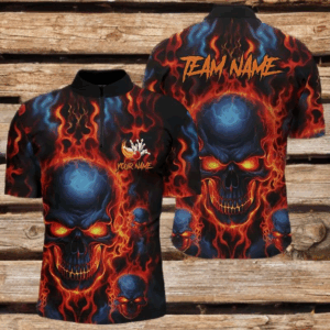 Flame Skull Custom Bowling Quarter Zip Shirts For Men, Team Bowling Jerseys Bowler Outfit IPHW5245