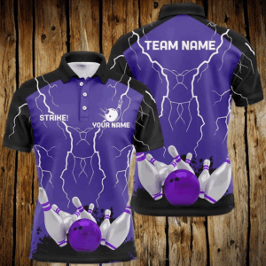 Mens polo bowling shirt Custom bowling strike lightning storm thunder team league jersey | Purple NQS6645