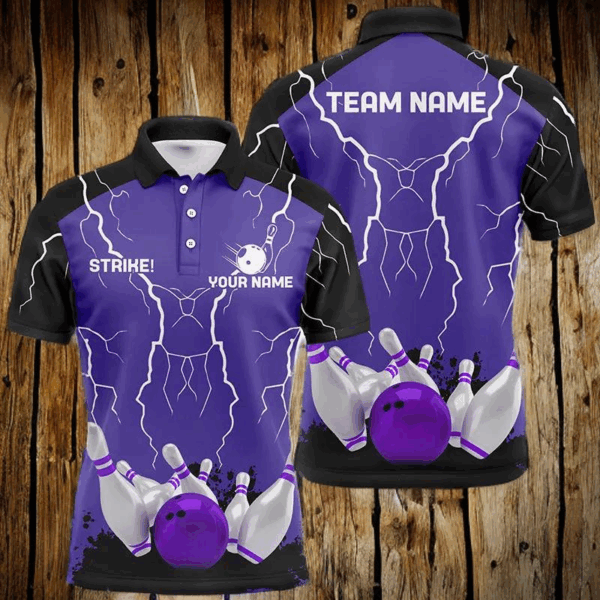 Mens polo bowling shirt Custom bowling strike lightning storm thunder team league jersey | Purple NQS6645