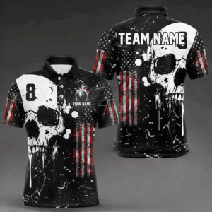 Black Grunge Skull American Flag Men Billiard Polo, Quarter Zip Custom Patriotic Billiard Jersey TDM3232