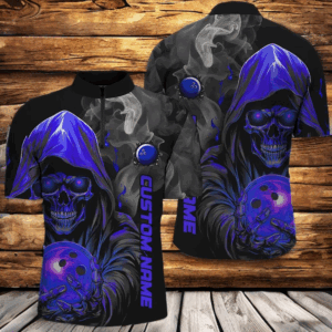 Personalized Blue Skull Men'S Bowling Team Jersey Smoke Bowling Quarter Zip Shirts For Bowlers IPHW5406